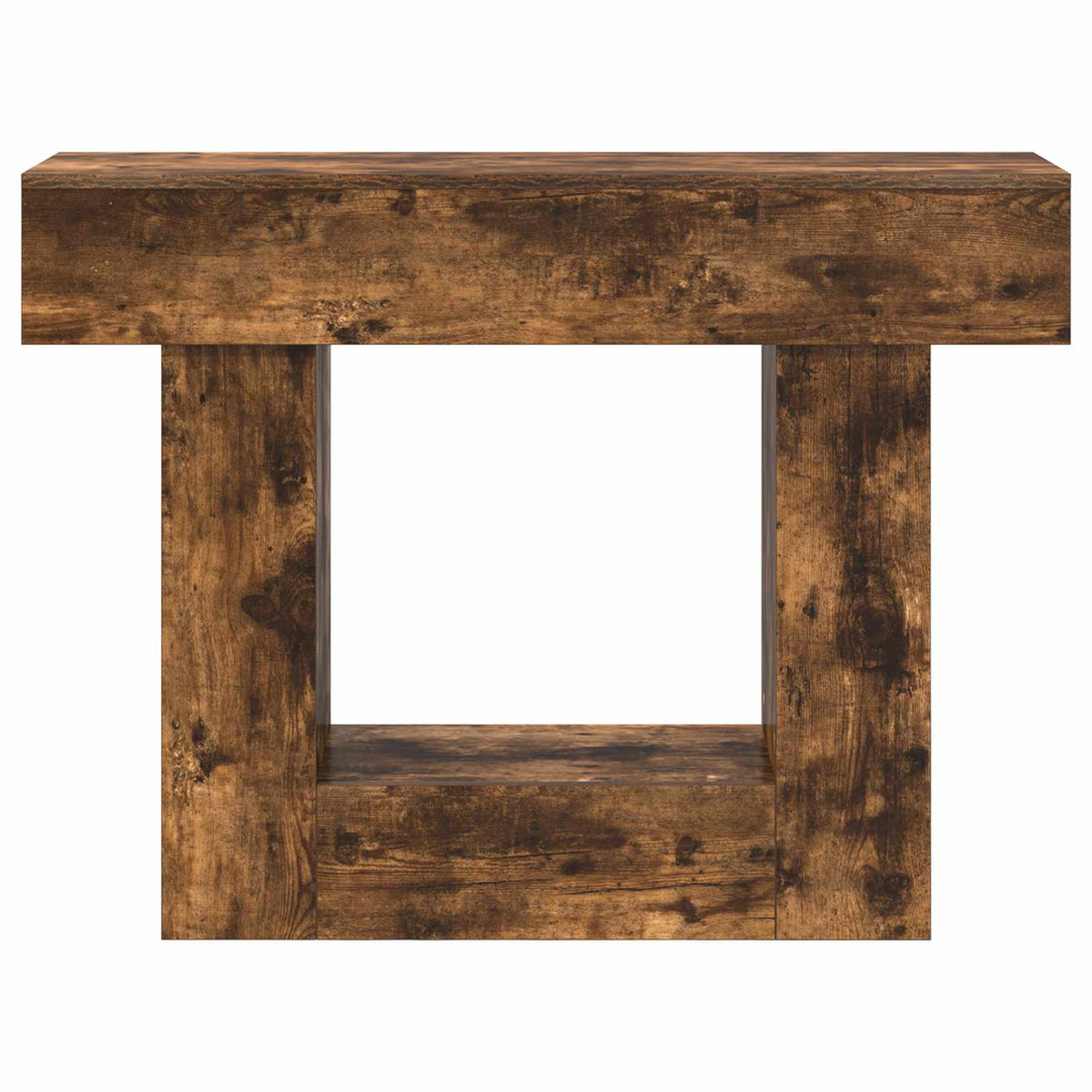 Smoked Oak, console table with a rustic wood finish and an open central shelf, viewed from the front