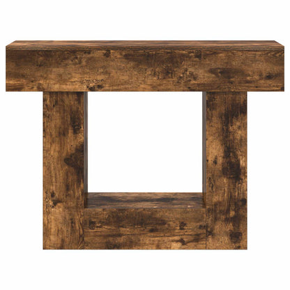 Smoked Oak, console table with a rustic wood finish and an open central shelf, viewed from the front