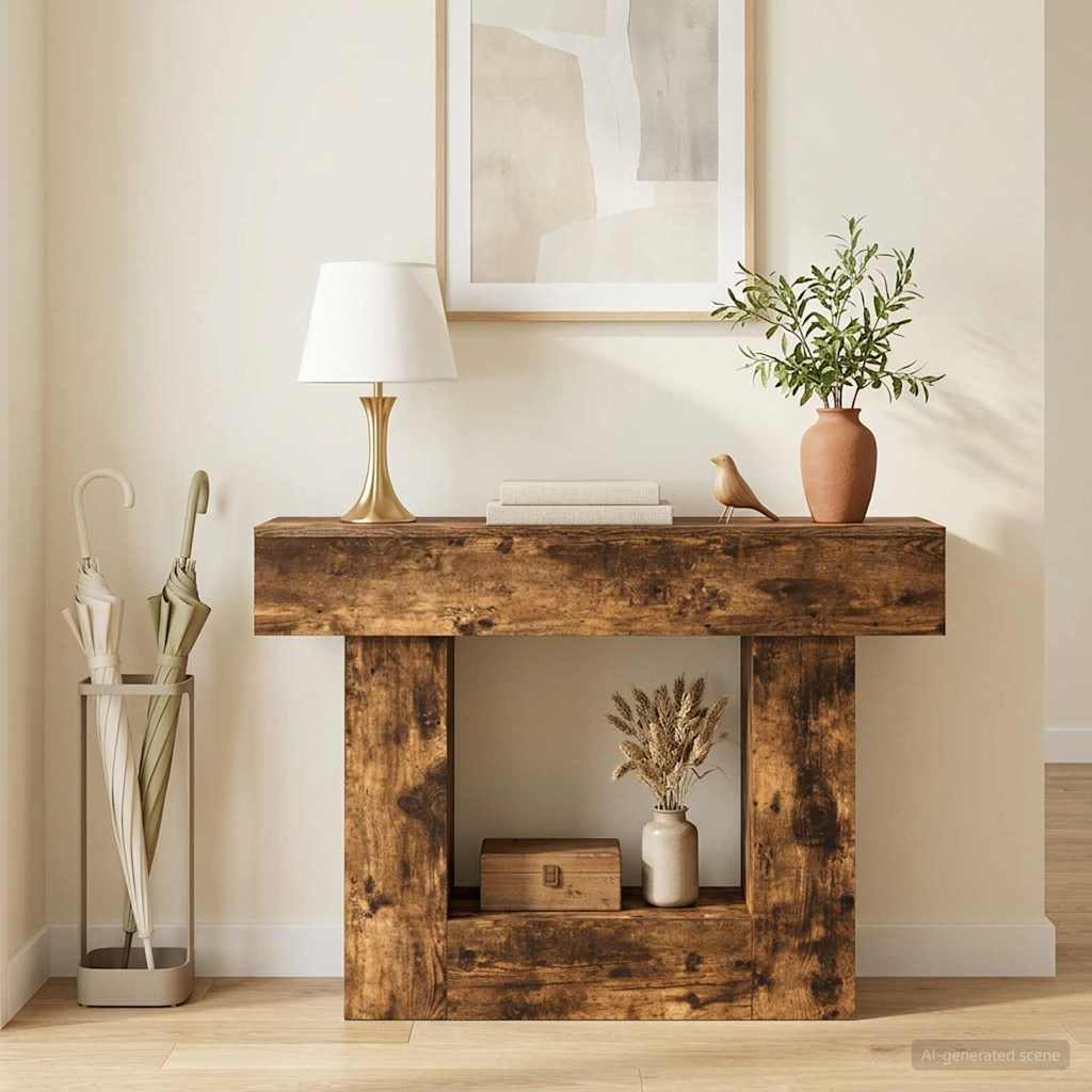 Smoked Oak, console table in a hallway with a lamp, vase and umbrella stand