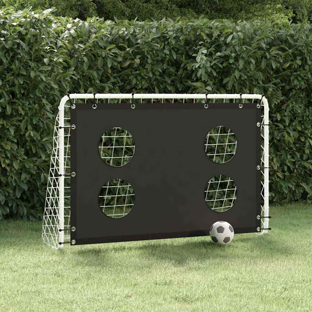 Soccer Goal Training Net with a black target sheet with four white circles and a football in front