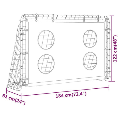 Diagram of the football training net showing its dimensions in cm and inches