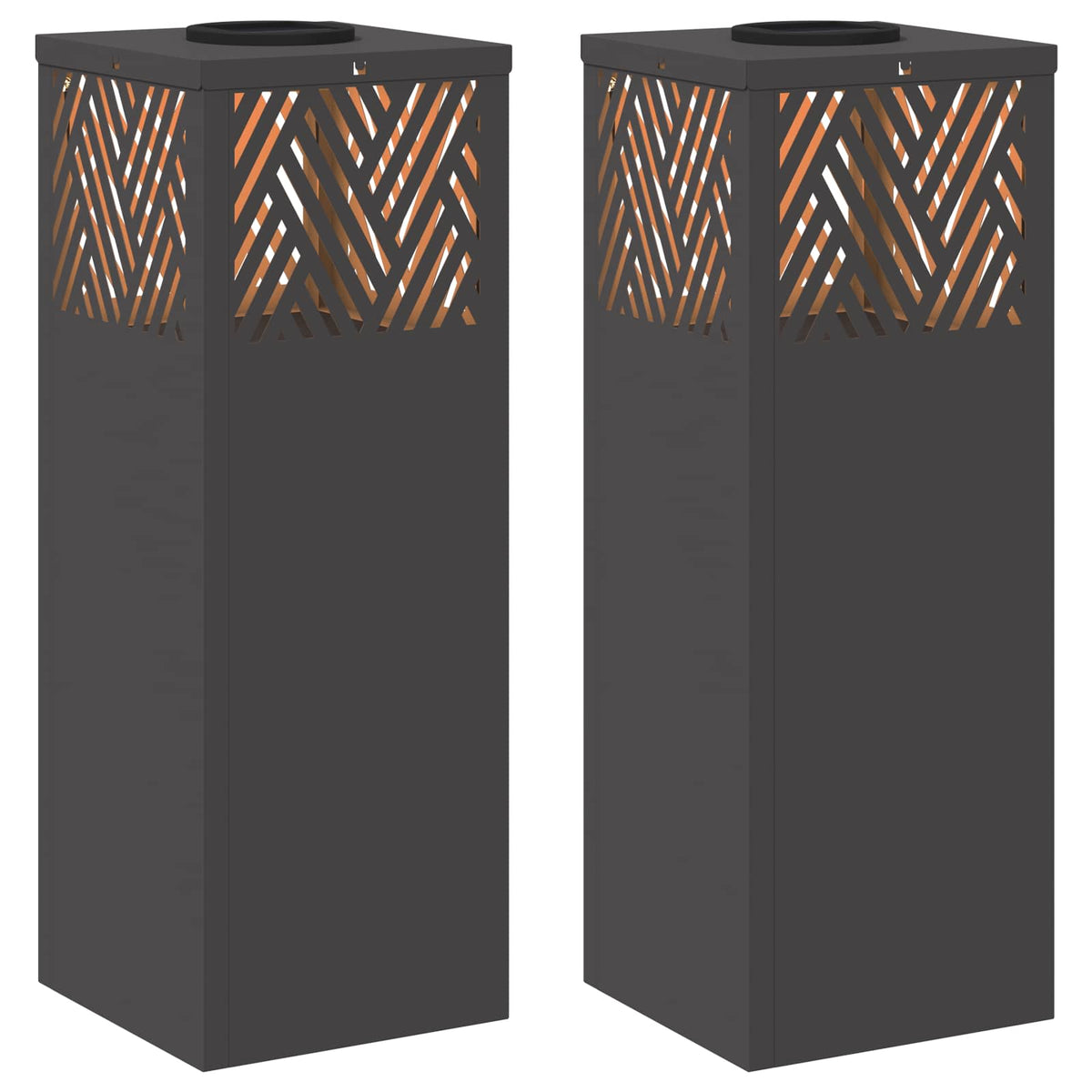 Two dark grey solar pathway lights with a patterned top section