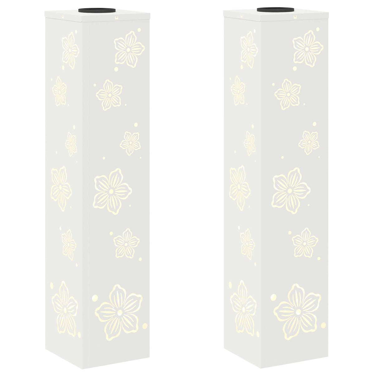 two square solar garden lamps with floral cut-out patterns on a white background