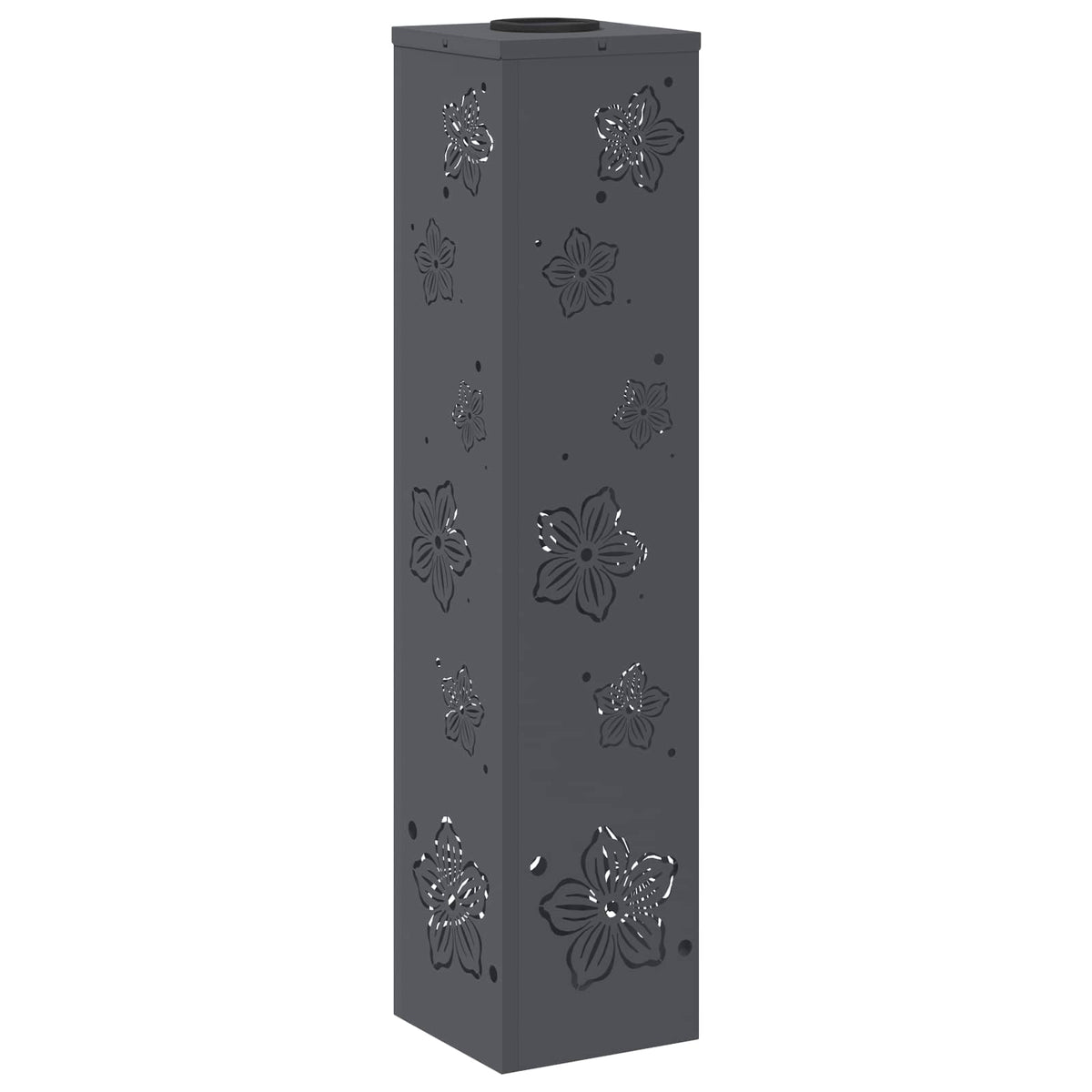 the single solar garden light showing the dark grey finish and flower patterns