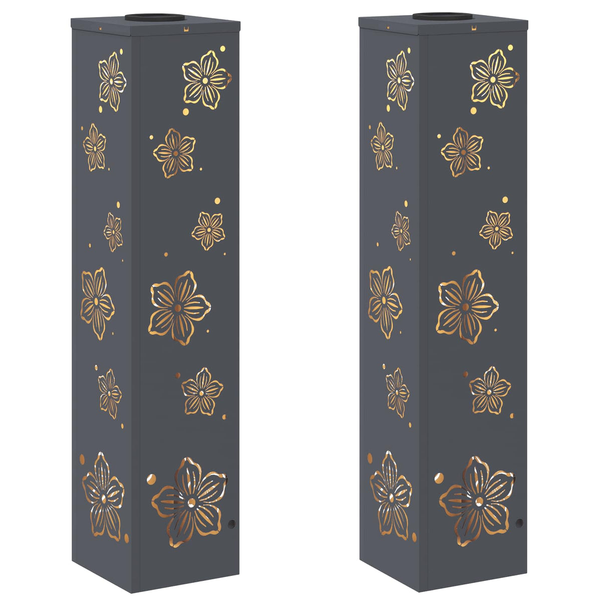 the two tall solar garden lights standing side by side with floral cutouts
