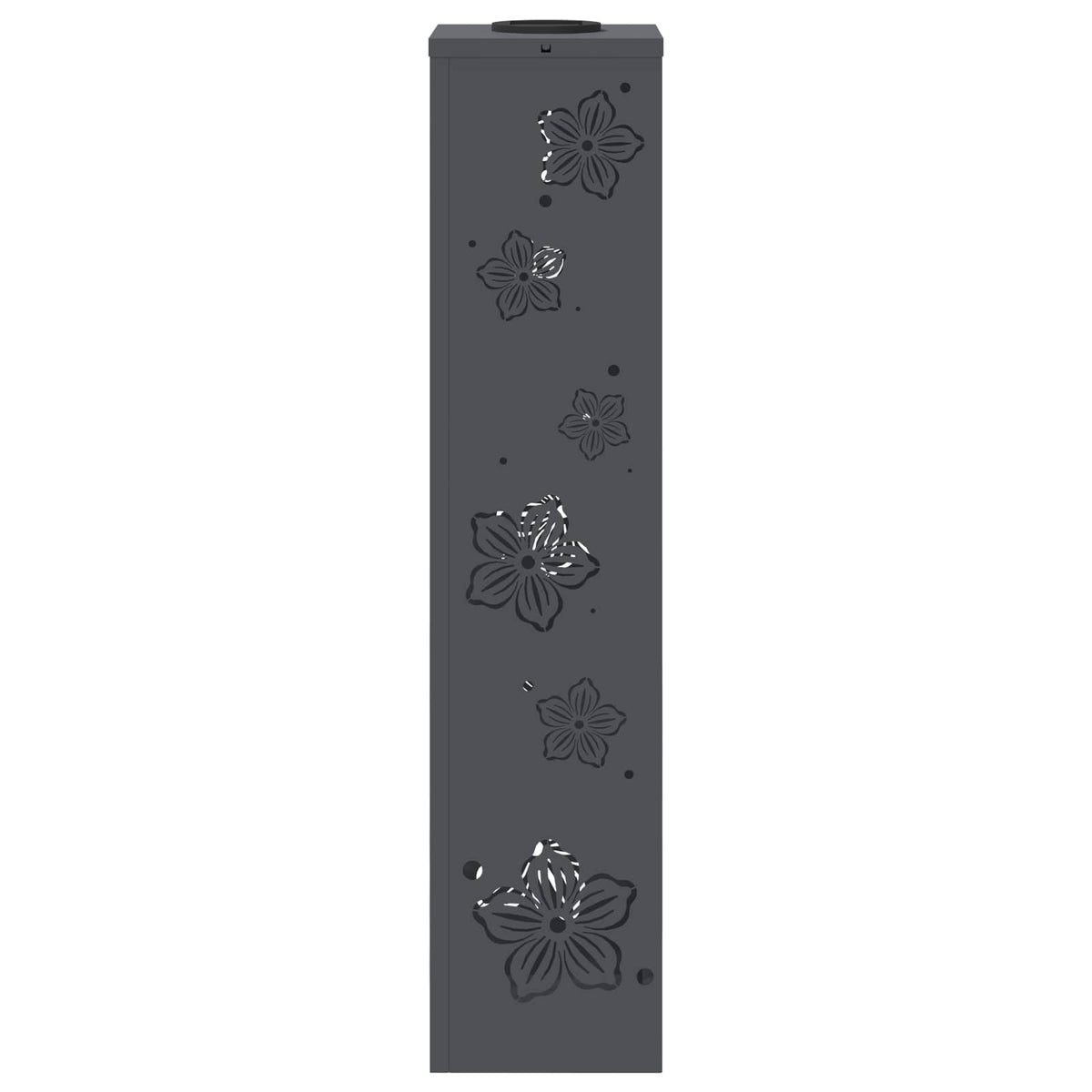 the solar garden light showing the flat side panel with decorative cutouts