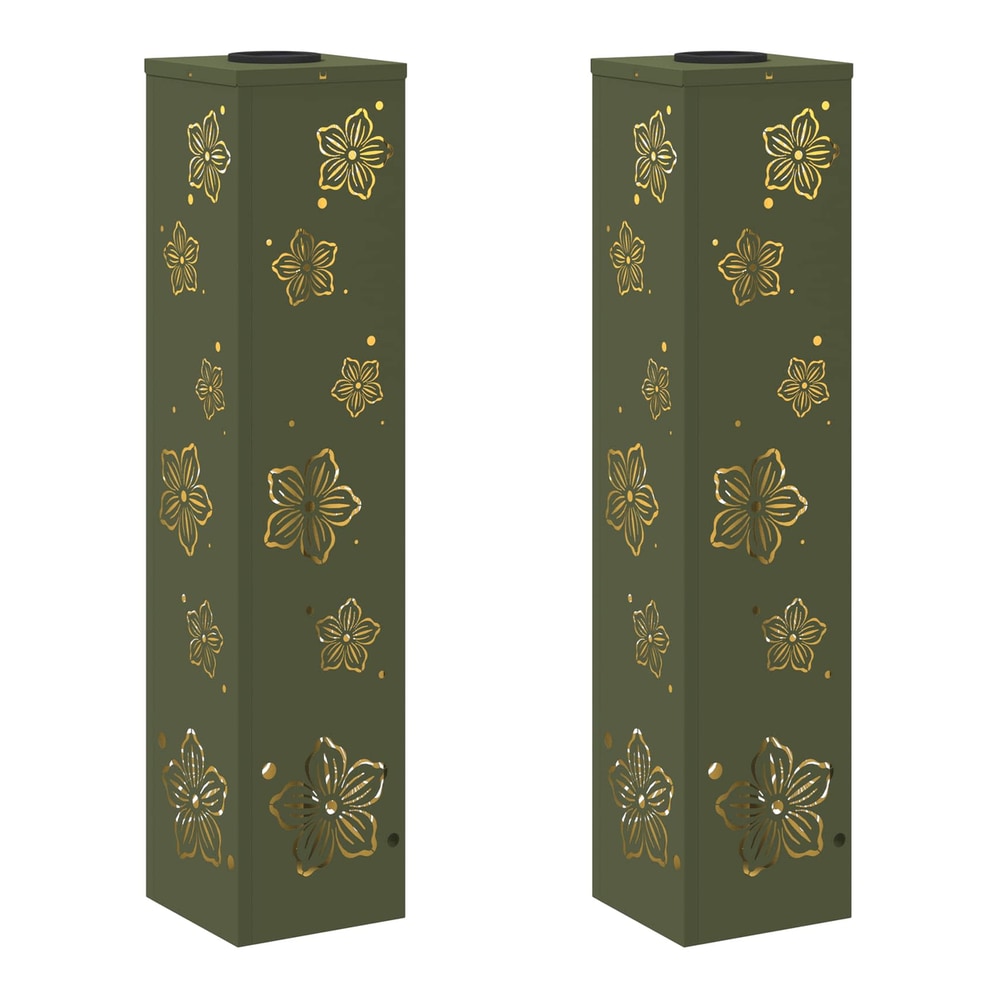 Two green solar pathway lights with floral cutouts and gold accents