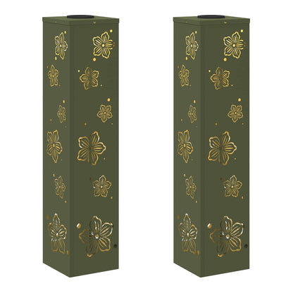 Two green solar pathway lights with floral cutouts and gold accents