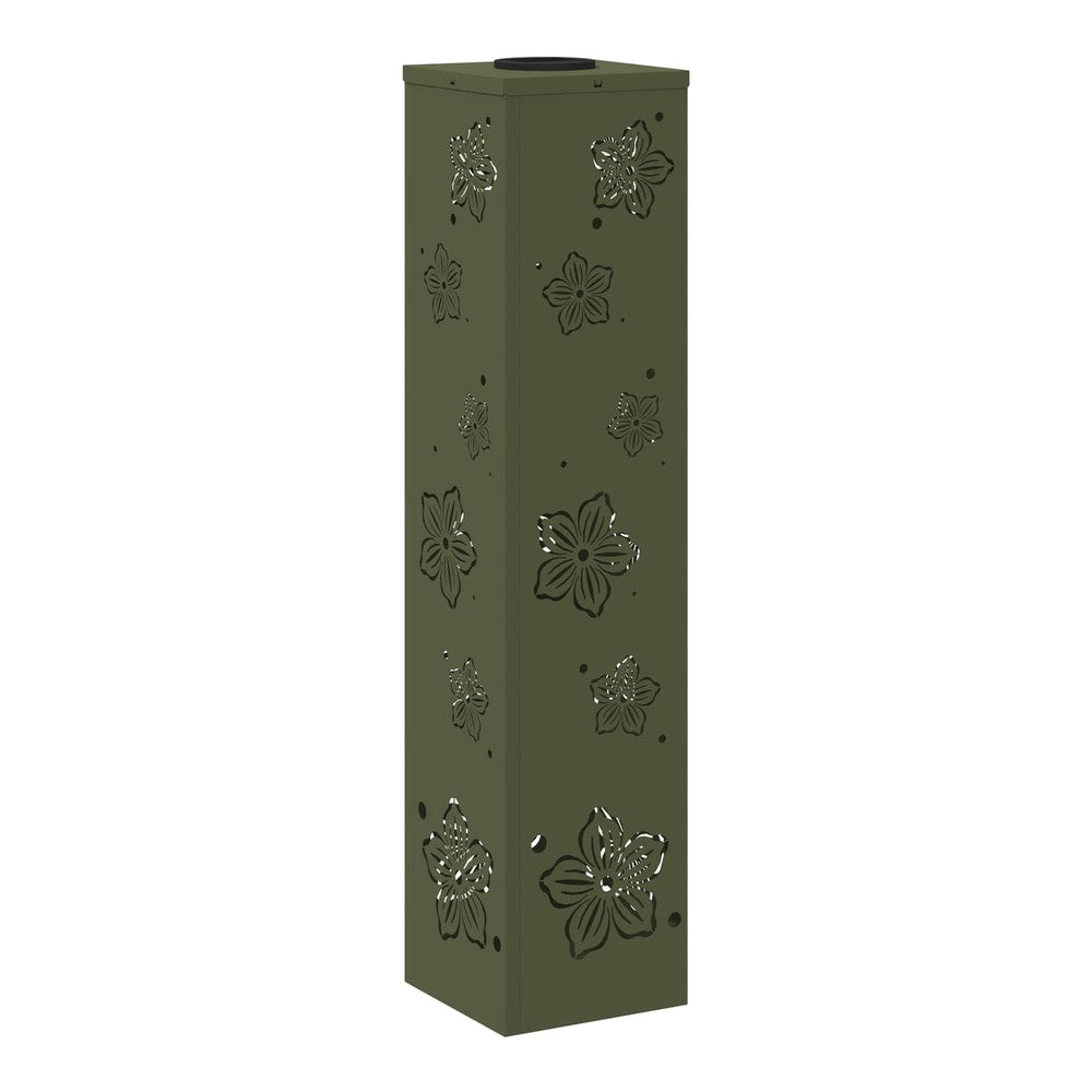 A single green solar pathway light with floral cutouts