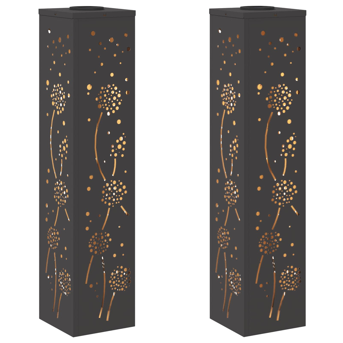 Two dark grey pathway lights with a dandelion pattern and warm white LED lights