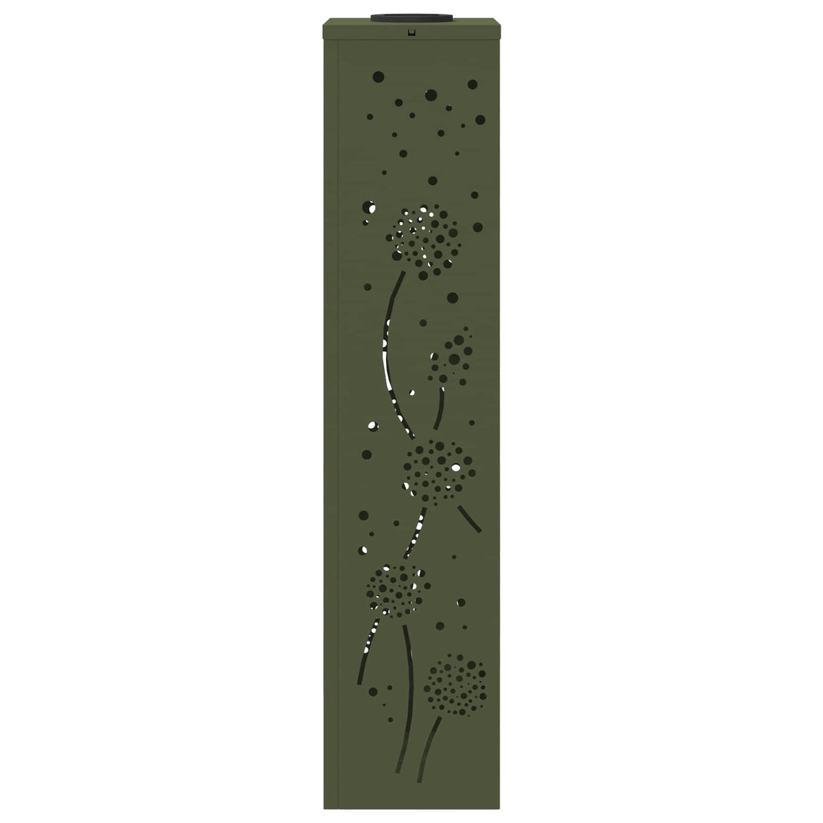 the flat side of the solar pathway light featuring a decorative dandelion motif