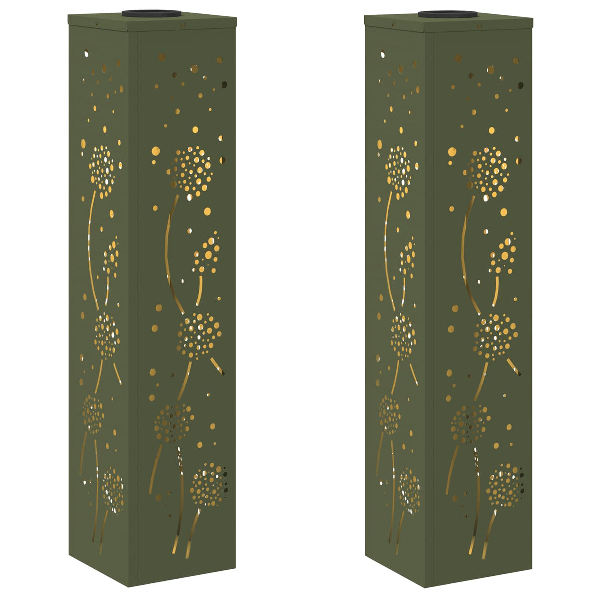 two tall square solar pathway lights with cut out dandelion patterns on a white background