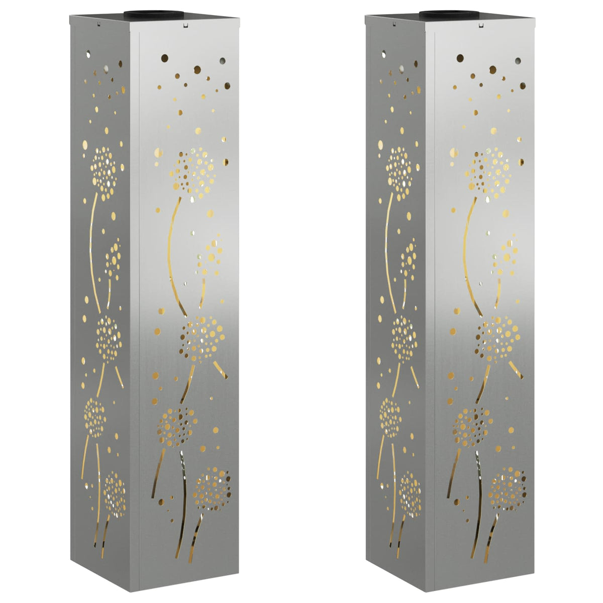 two pathway lights with dandelion cutouts shown from the front