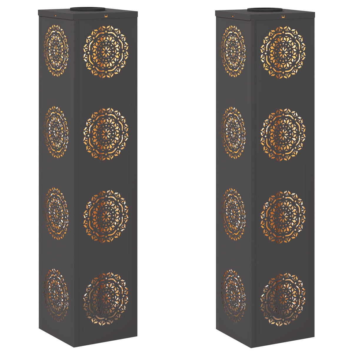 two tall grey pathway lights with decorative cut-out patterns