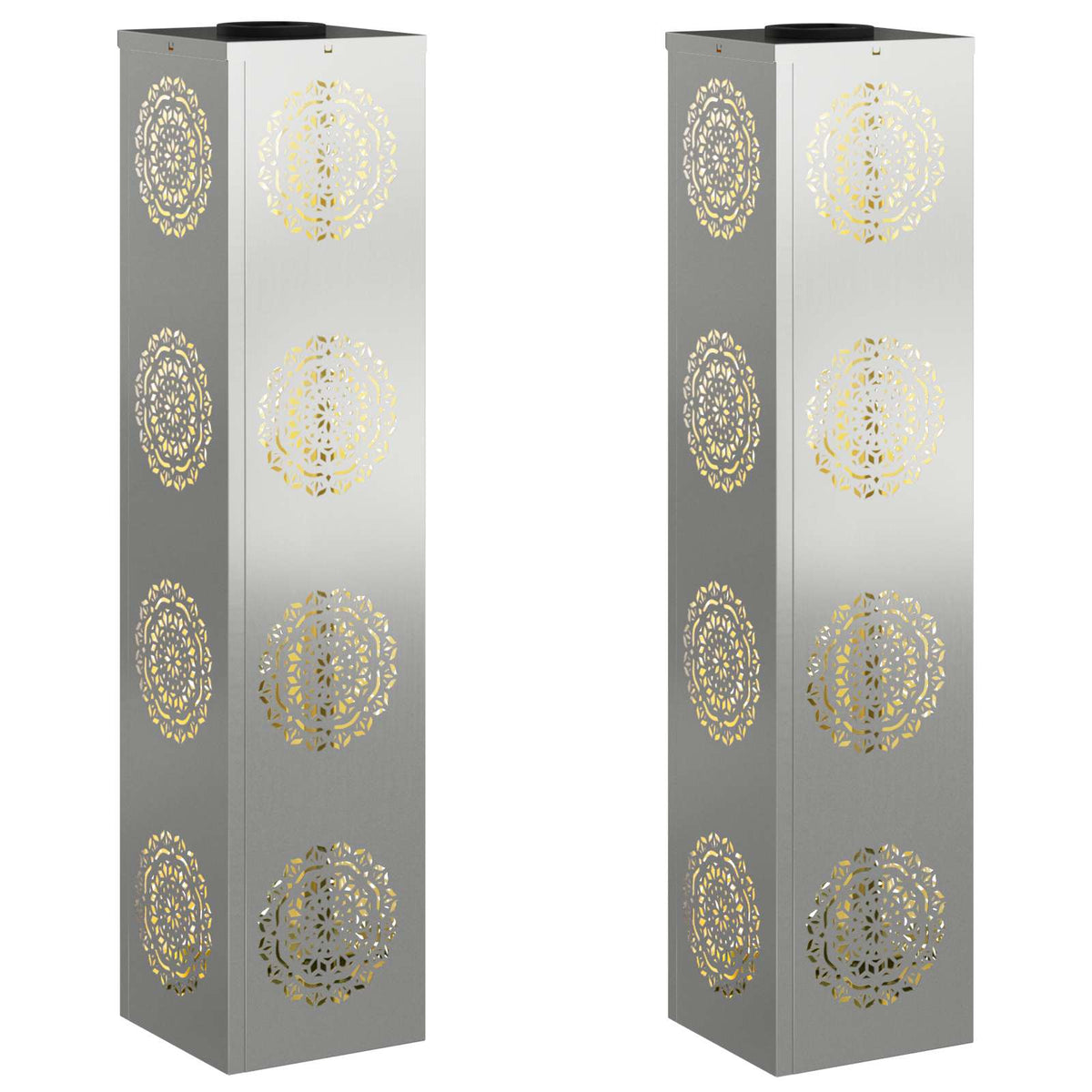 Two tall pathway lights with decorative cut-out patterns