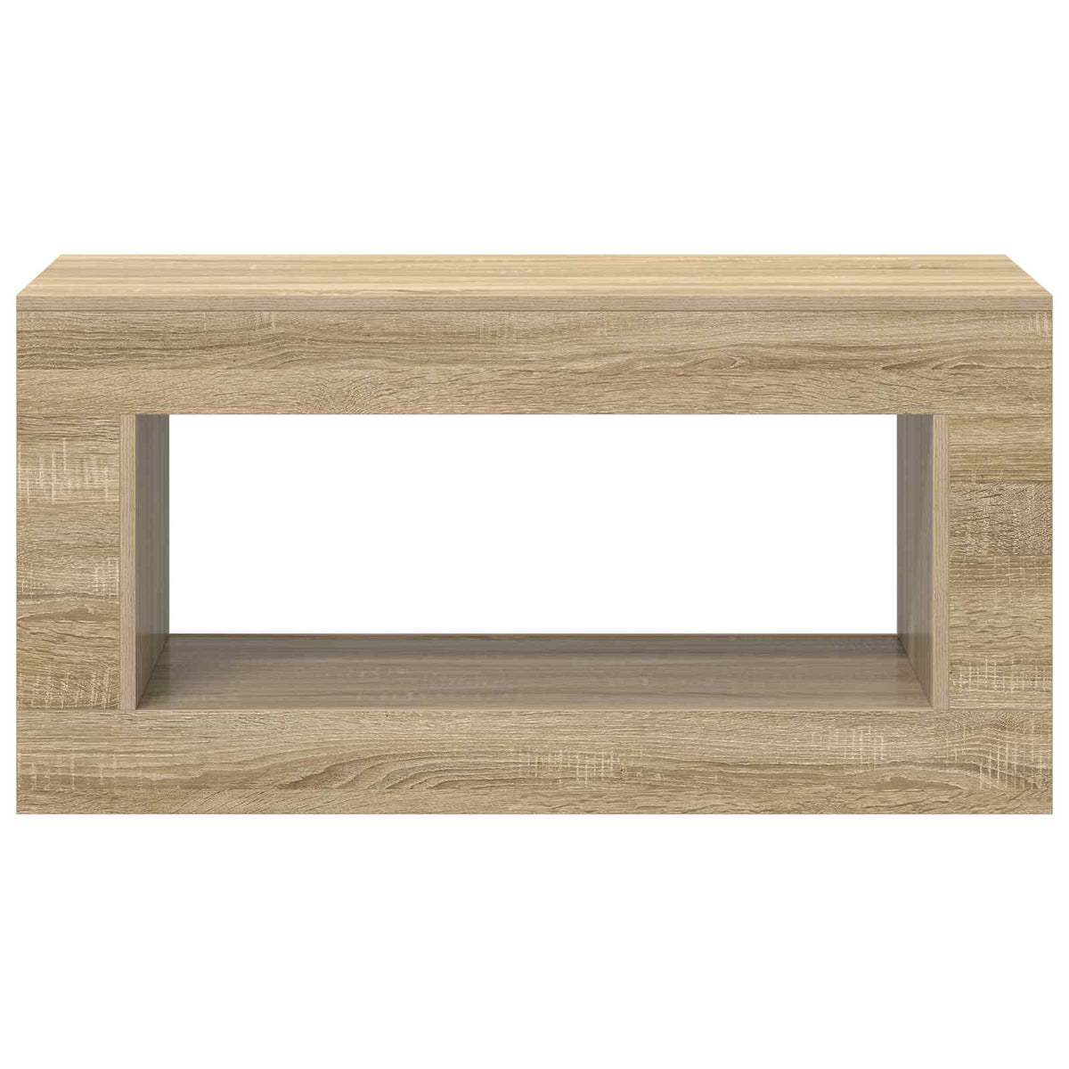 Sonoma Oak, the coffee table with its open shelf facing the viewer, a plain front view