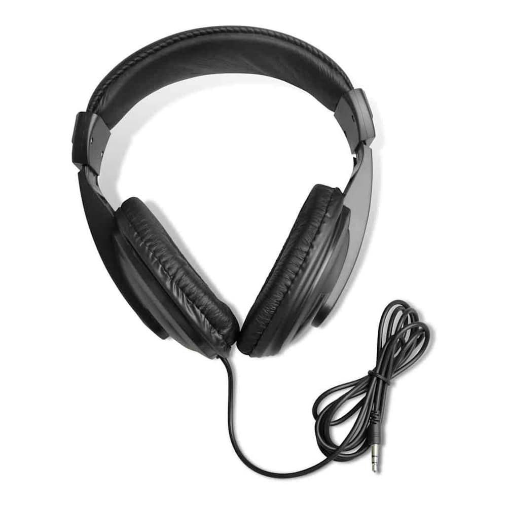Close up of the headphones and coiled cable for the listening device