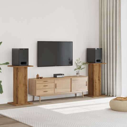 vidaXL Speaker Stands 2 pcs Artisan Oak Engineered Wood in a living room setting with speakers on top