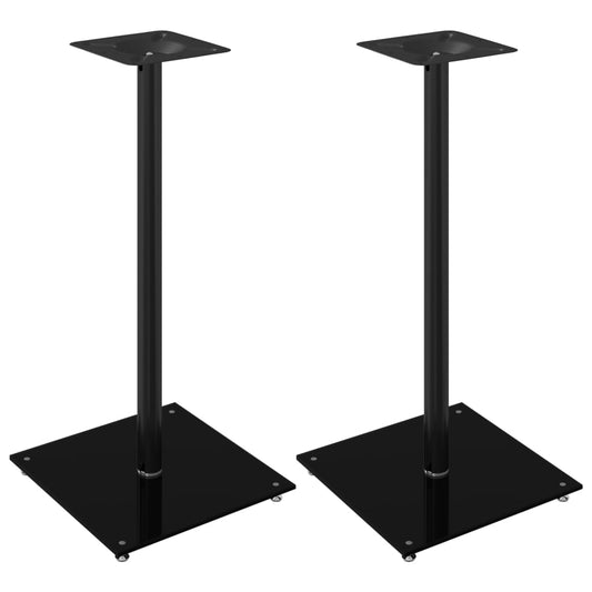 the speaker stands shown as a pair with black glass bases and a single pillar design