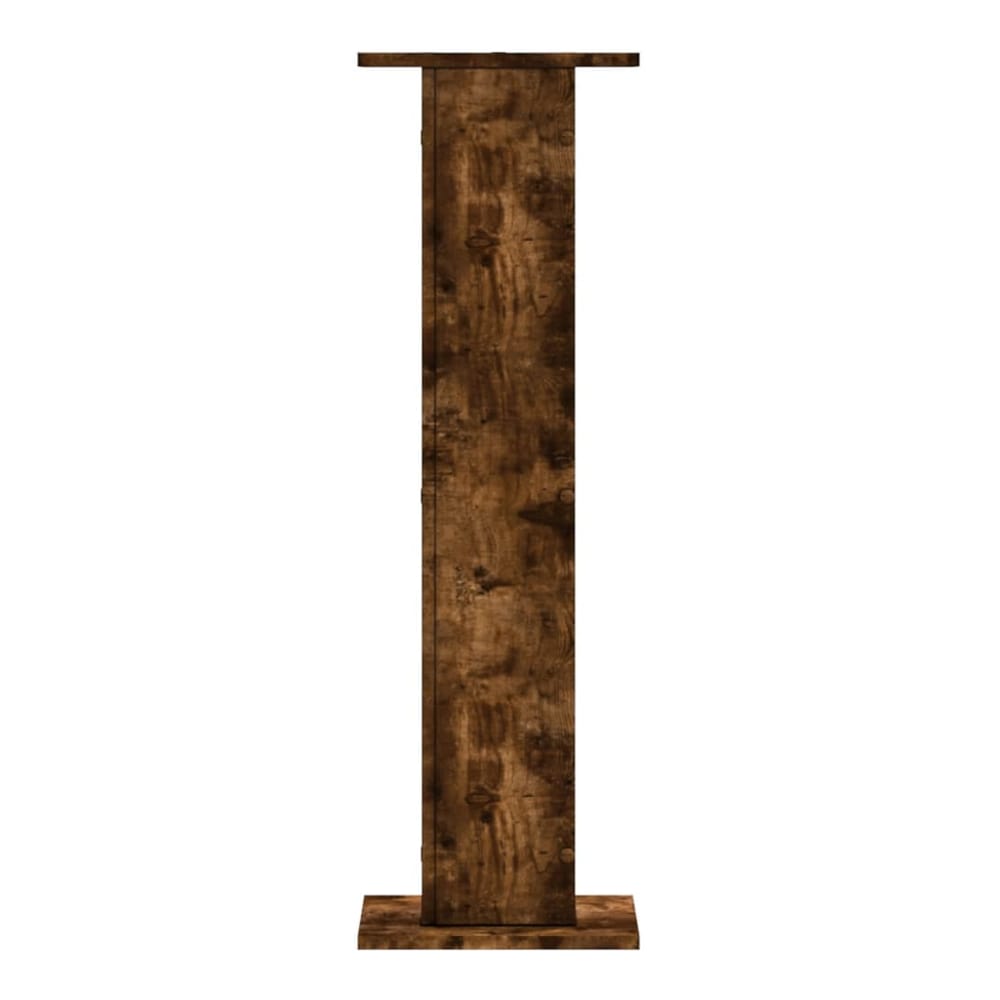 A single speaker stand with a wood grain effect, shown from the other side