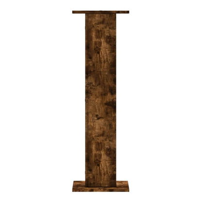A single speaker stand with a wood grain effect, shown from the other side