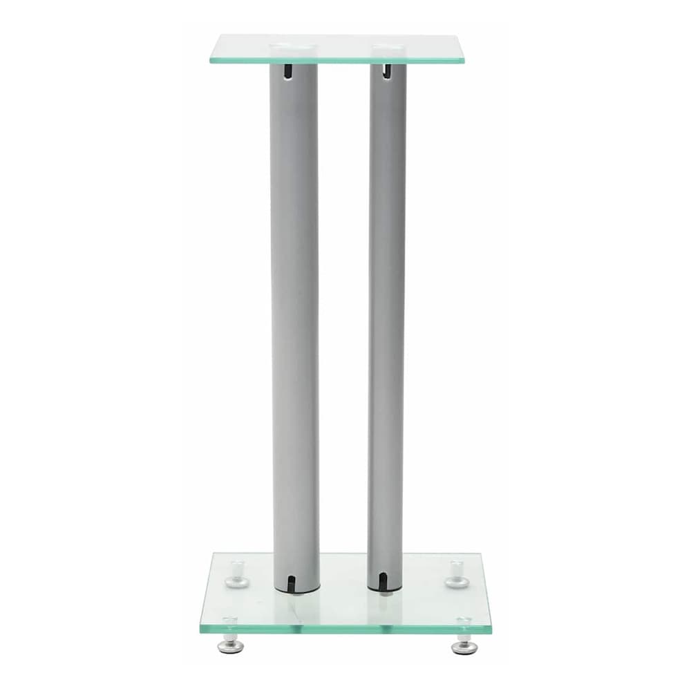 Rear view of a speaker stand with tempered glass top and silver pillar
