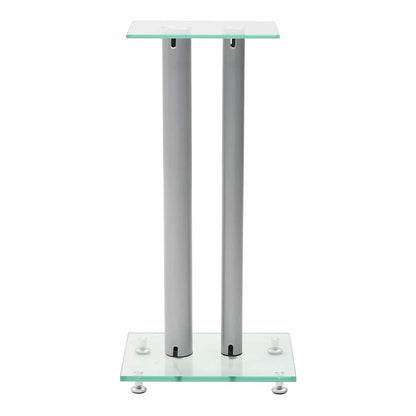 Rear view of a speaker stand with tempered glass top and silver pillar