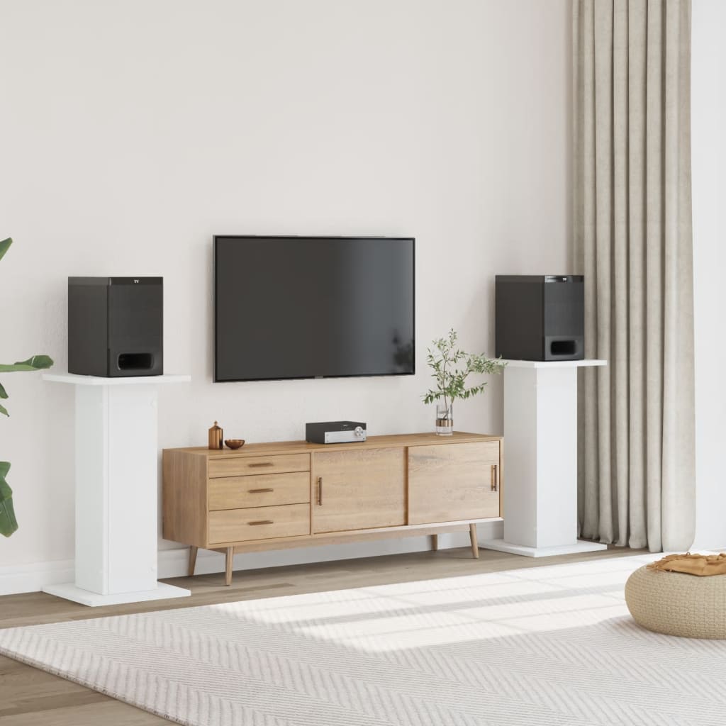vidaXL Speaker Stands 2 pcs White Engineered Wood in a living room setup with a TV and speakers