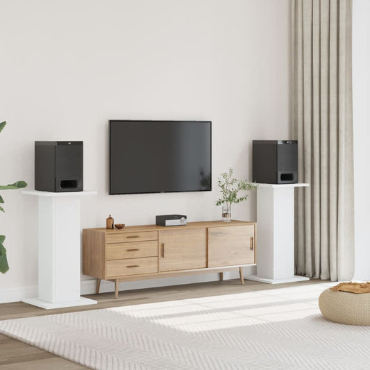 vidaXL Speaker Stands 2 pcs White Engineered Wood in a living room setup with a TV and speakers