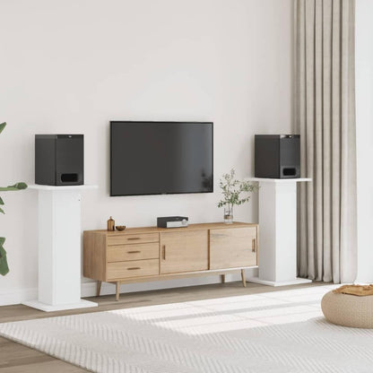 vidaXL Speaker Stands 2 pcs White Engineered Wood in a living room with a TV and speakers