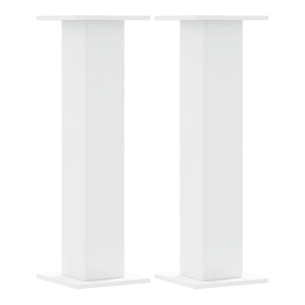 Two white speaker stands side by side on a white background