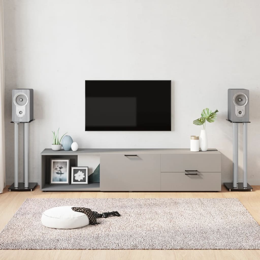vidaXL Speaker Stands 2pcs Black&Silver 3 Pillars Design shown in a modern living room with speakers on top