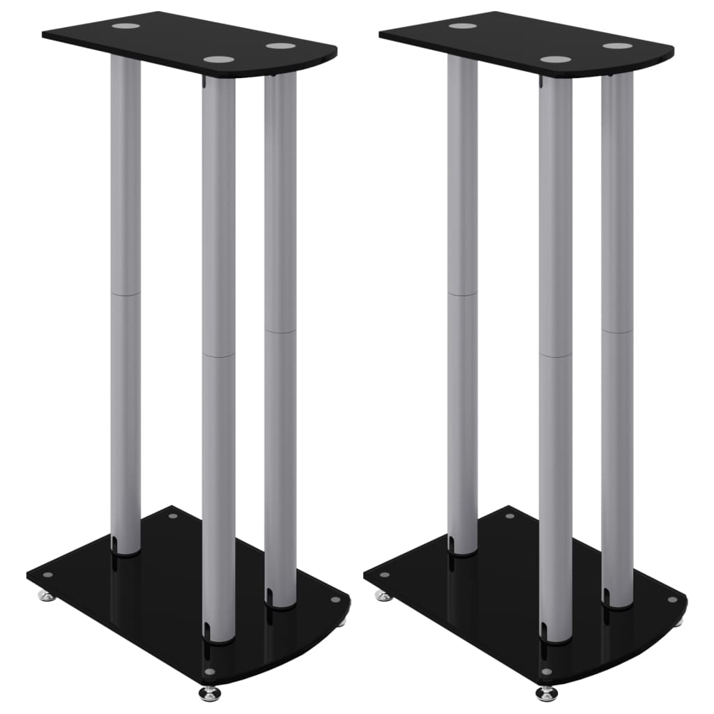 Two black and silver speaker stands with three pillars each