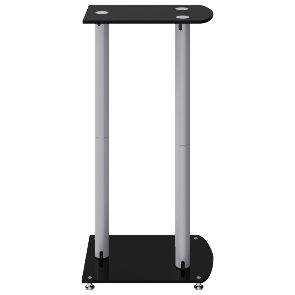 A black and silver speaker stand with three pillars, angled view