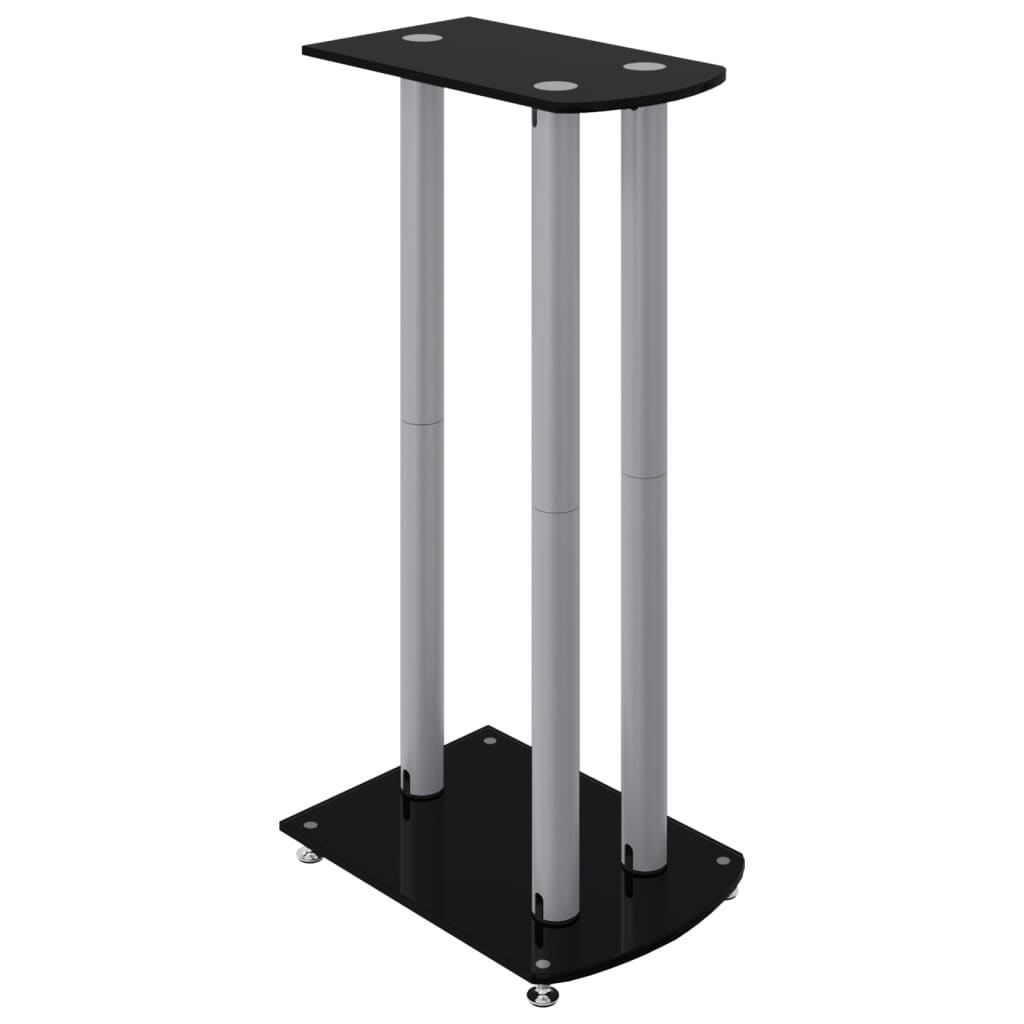 A black and silver speaker stand with three pillars, front perspective