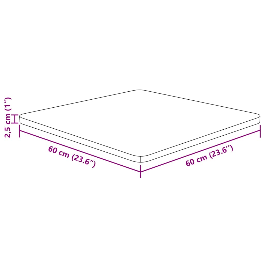 The table top shown as a line drawing with arrows indicating the dimensions of the product