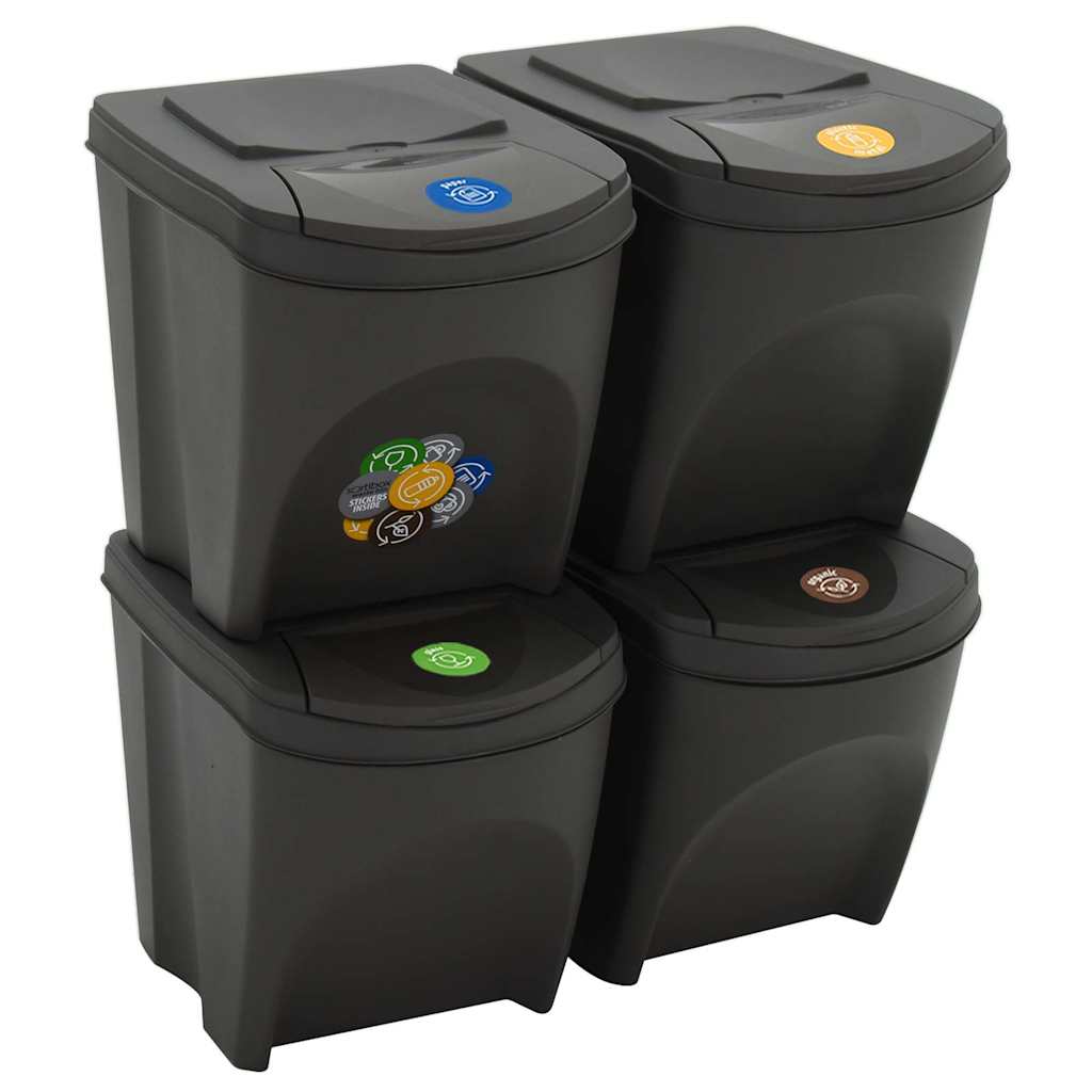Four grey stackable garbage bin boxes arranged in two stacks