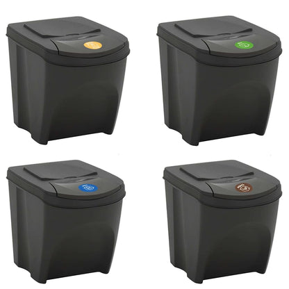 Four grey stackable garbage bin boxes shown individually
