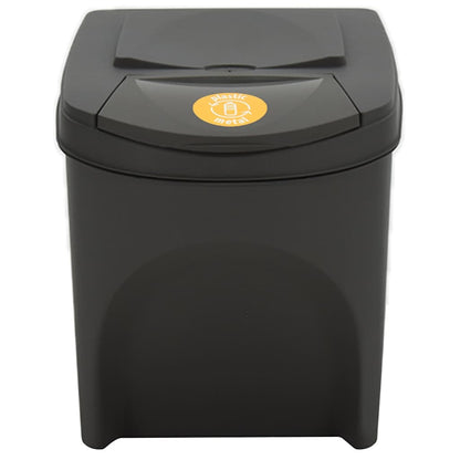 Grey stackable garbage bin box with a yellow sticker on the lid