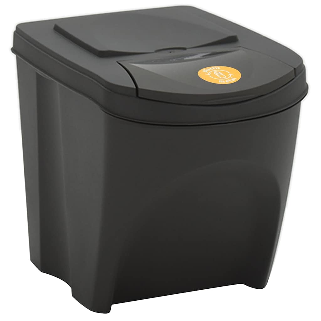 Close-up of a grey stackable garbage bin box with a yellow lid sticker