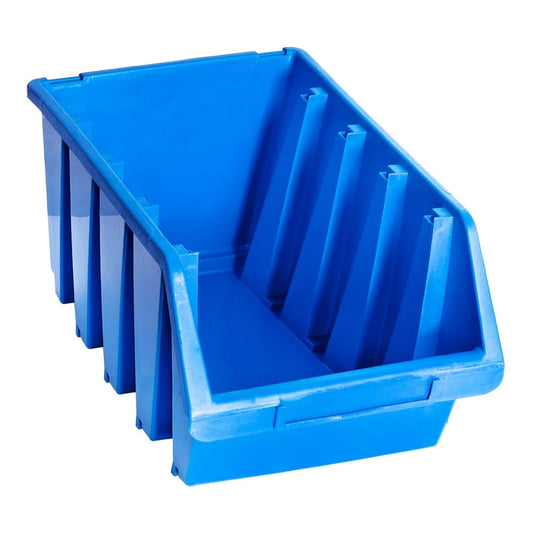 A close-up view of the ribbed side and interior of a blue plastic storage bin
