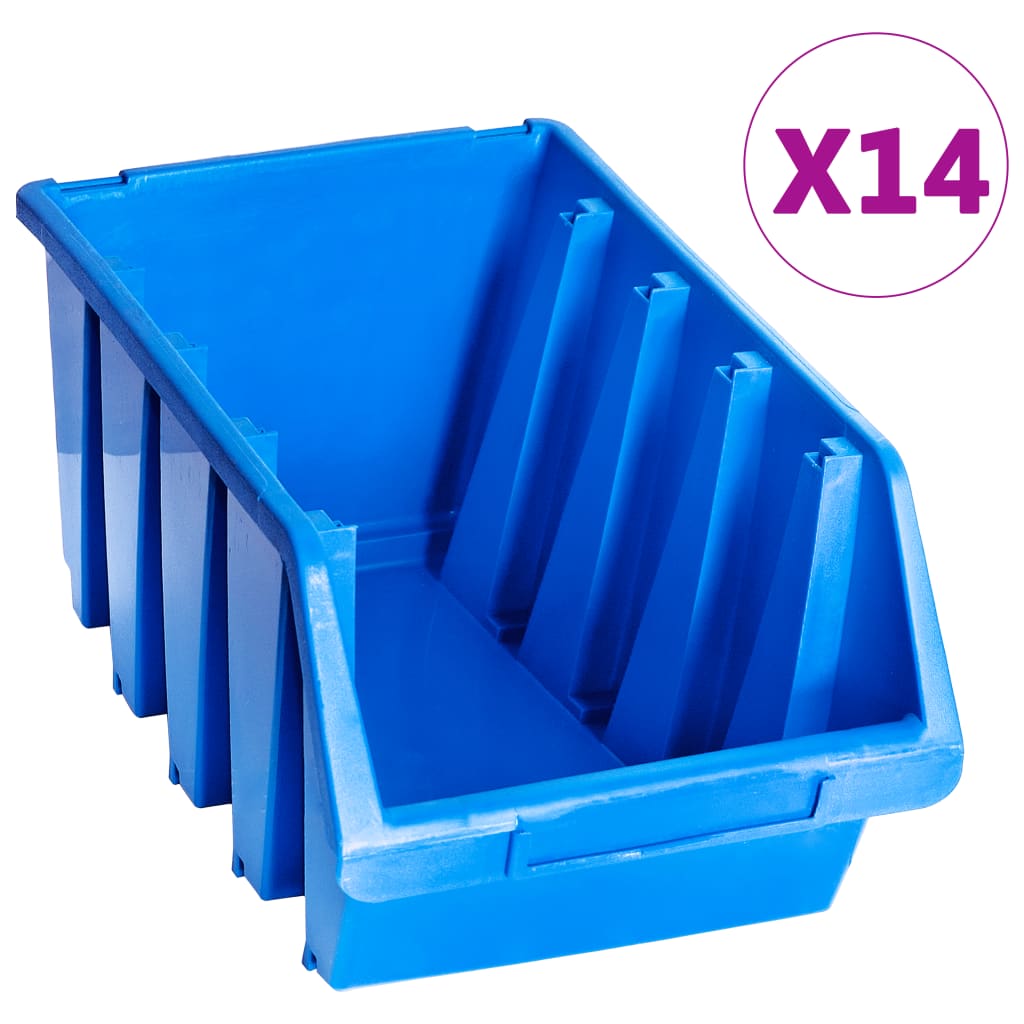 vidaXL Stacking Storage Bins 14 pcs Blue Plastic, a single blue plastic storage bin with ribbed sides