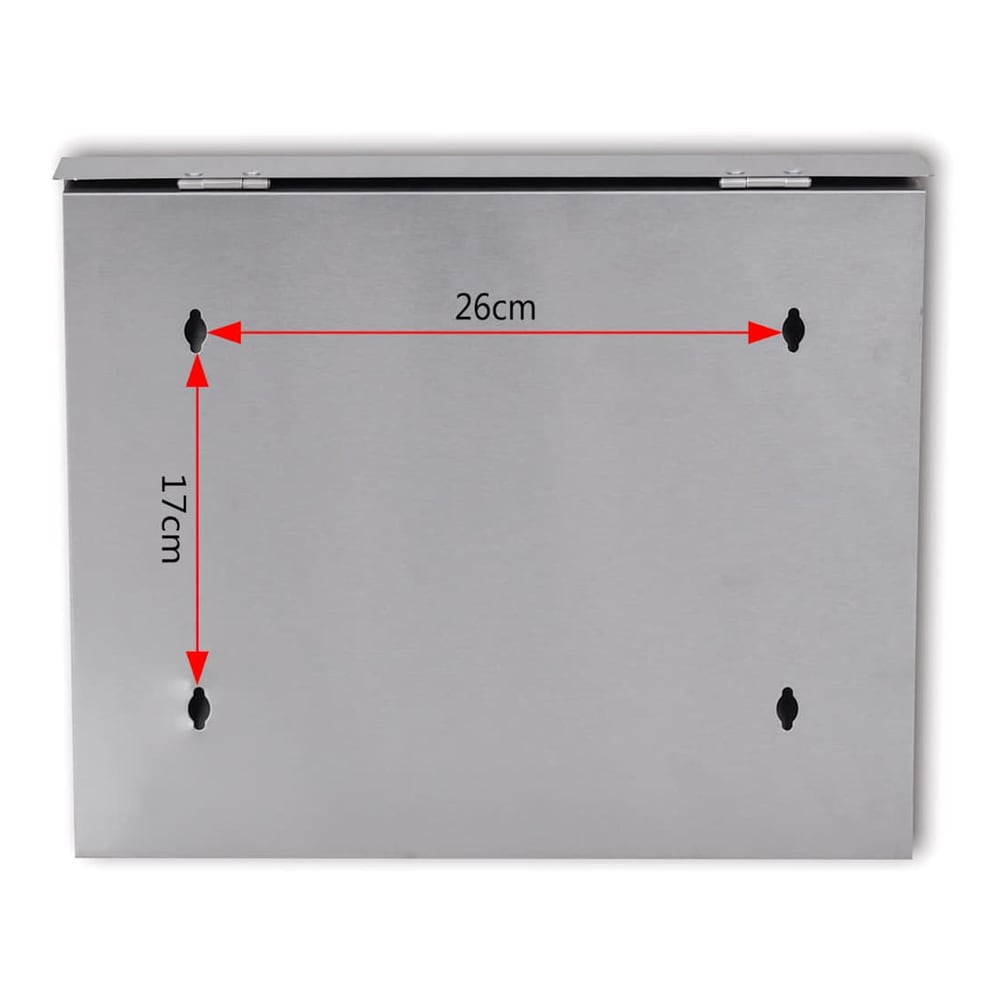 the back of the stainless steel mailbox showing mounting holes and dimensions