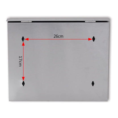 the back of the stainless steel mailbox showing mounting holes and dimensions