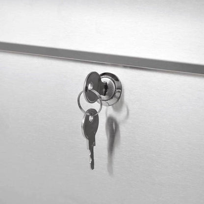 close-up of the lock and two keys on the stainless steel mailbox