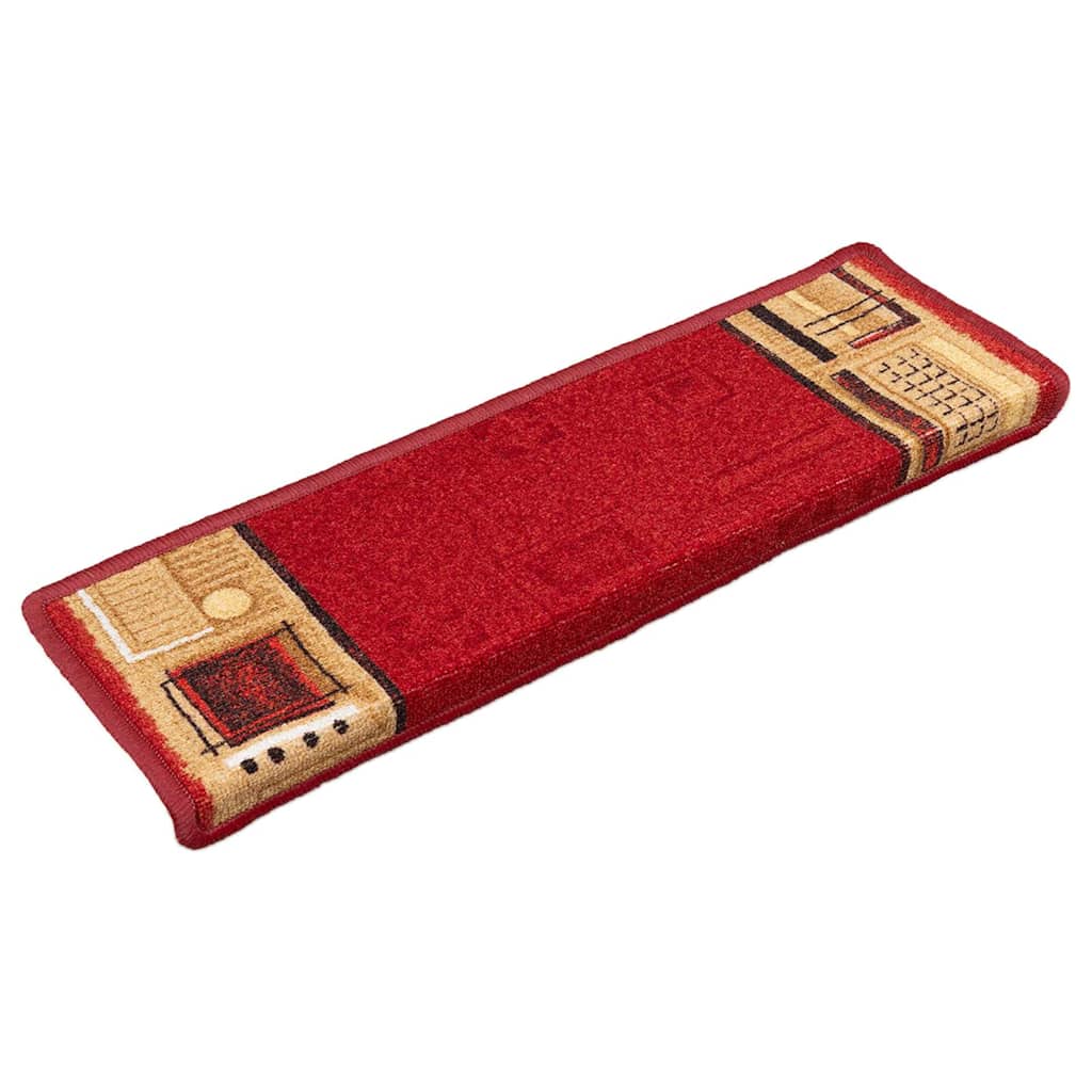 The stair treads in a red colour with a decorative pattern on the ends