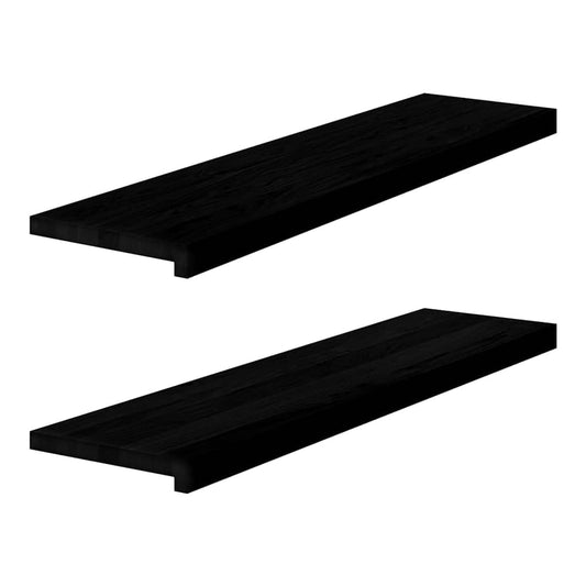 Two black solid wood oak stair treads with a slight curve on the edge