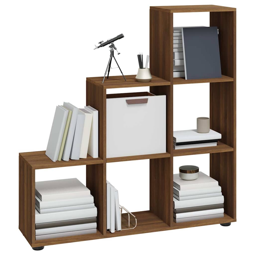 Brown oak effect staircase bookcase filled with books, a white storage box and decorative items