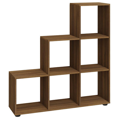 A brown oak effect staircase bookcase with six open cube storage sections, shown from the front