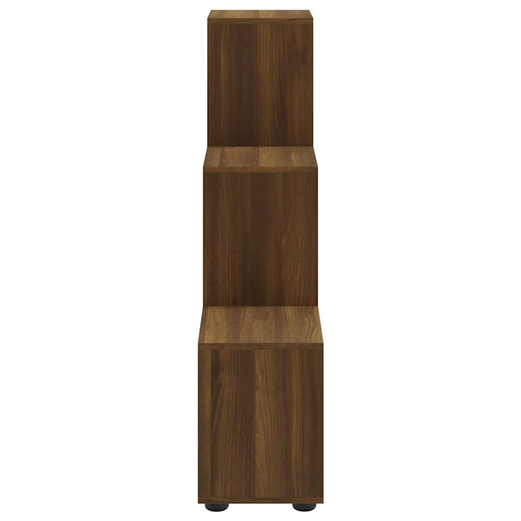 A narrow side profile of the brown oak effect staircase bookcase, showing its stepped structure